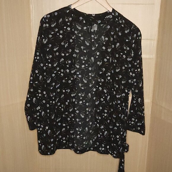 Divided Womens Black Floral Open Front Belted Silky Top Medium - Picture 1 of 7
